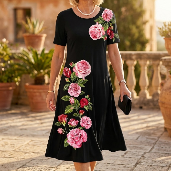Rosalia – Women's rose print A-line midi dress