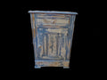 Vintage-style wooden cabinet with a distressed blue finish on a wooden floor.