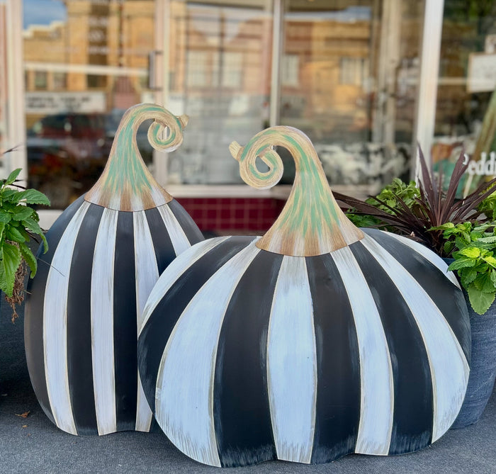 Set of 2: Large Black & White Tall & Short Striped Pumpkin Stake Fall Autumn