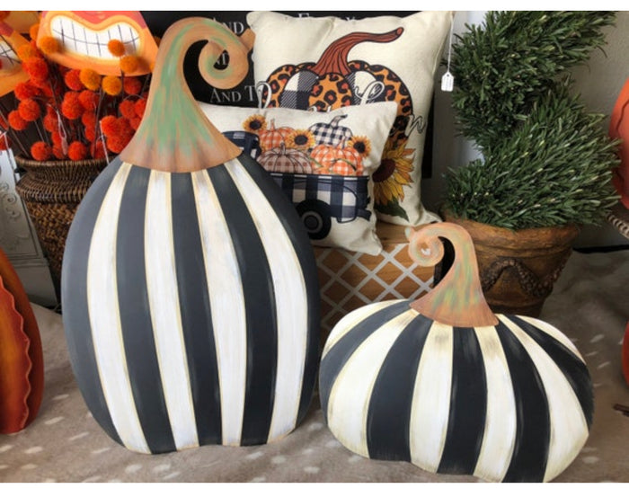Set of 2: Large Black & White Tall & Short Striped Pumpkin Stake Fall Autumn