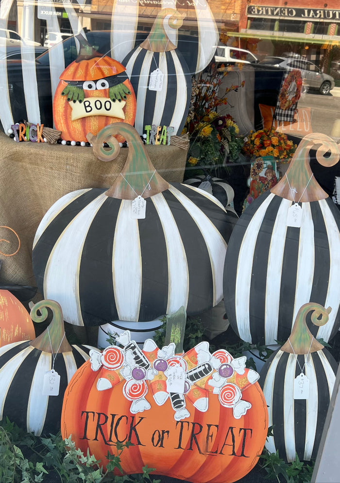 Set of 2: Large Black & White Tall & Short Striped Pumpkin Stake Fall Autumn