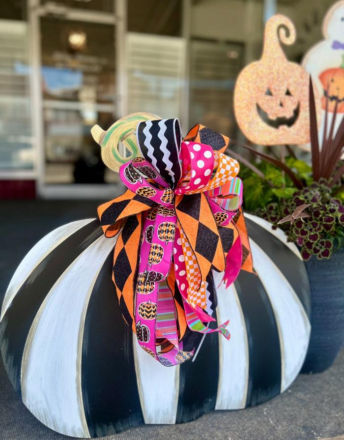 Set of 2: Large Black & White Tall & Short Striped Pumpkin Stake Fall Autumn