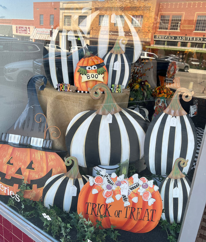 Set of 2: Large Black & White Tall & Short Striped Pumpkin Stake Fall Autumn