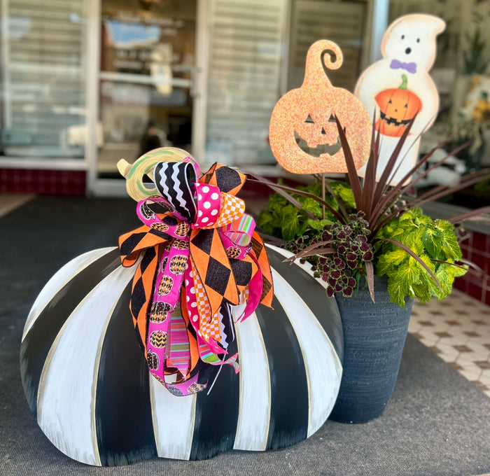 Set of 2: Large Black & White Tall & Short Striped Pumpkin Stake Fall Autumn