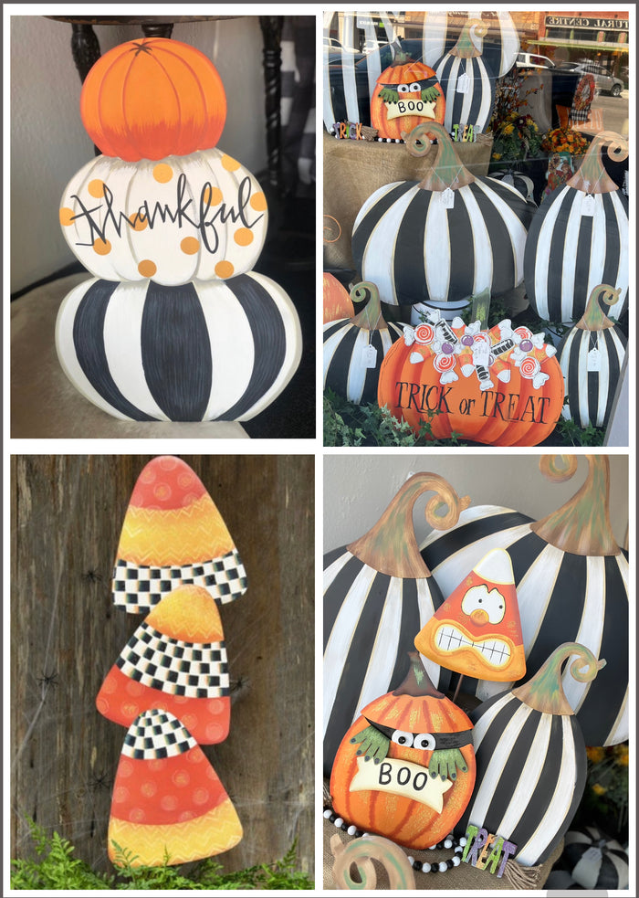 Set of 2: Large Black & White Tall & Short Striped Pumpkin Stake Fall Autumn