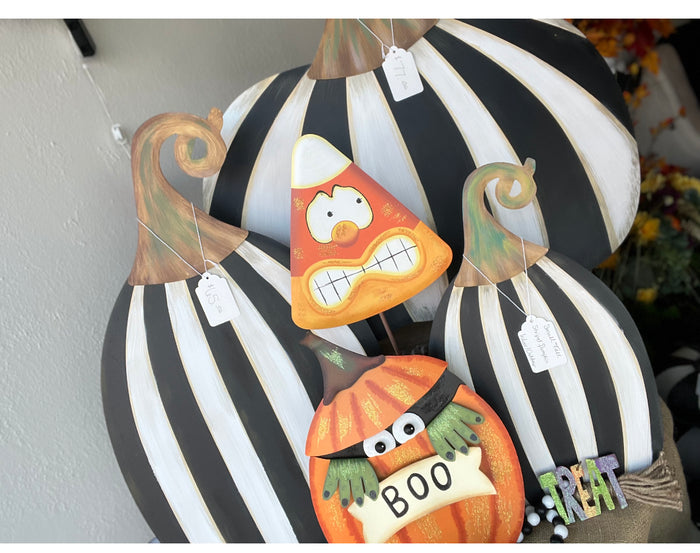 Set of 2: Large Black & White Tall & Short Striped Pumpkin Stake Fall Autumn