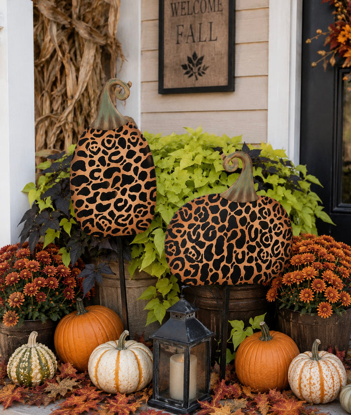Set of 2 Medium Leopard Metal Stake Pumpkins Fall Pumpkins
