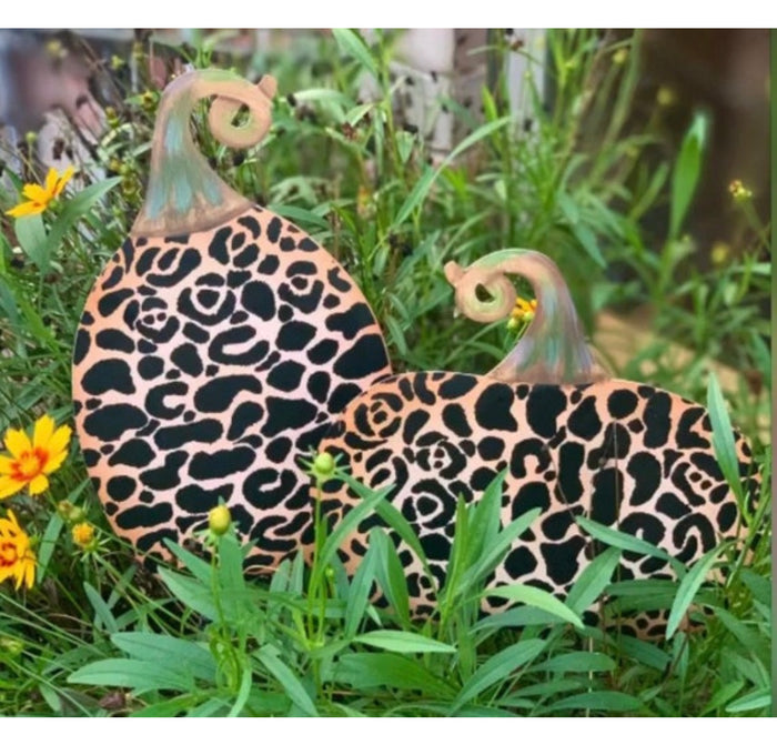 Set of 2 Medium Leopard Metal Stake Pumpkins Fall Pumpkins