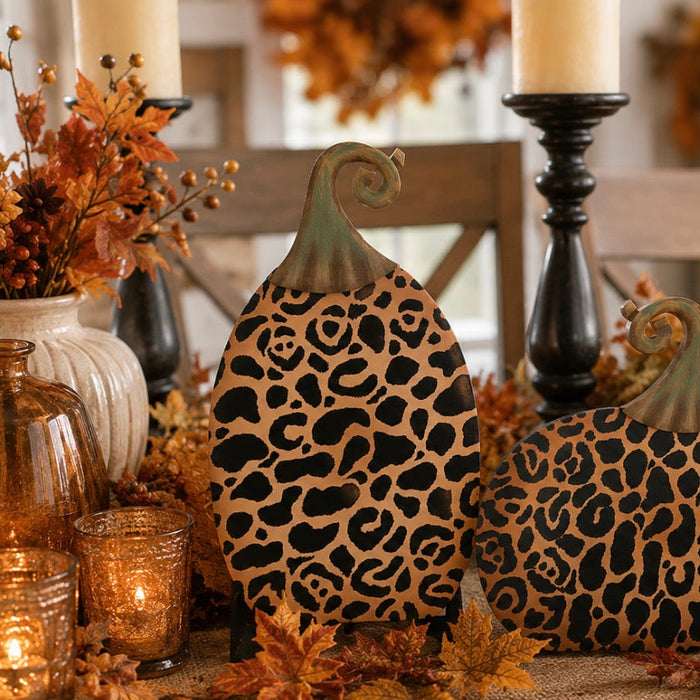Set of 2 Medium Leopard Metal Stake Pumpkins Fall Pumpkins