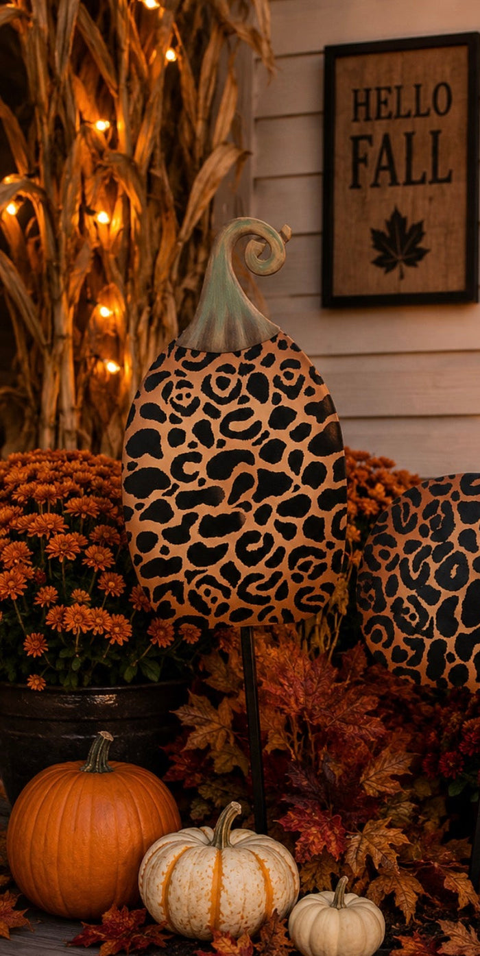 Set of 2 Medium Leopard Metal Stake Pumpkins Fall Pumpkins