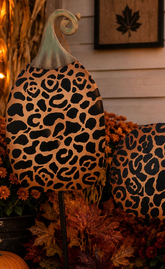 Set of 2 Medium Leopard Metal Stake Pumpkins Fall Pumpkins