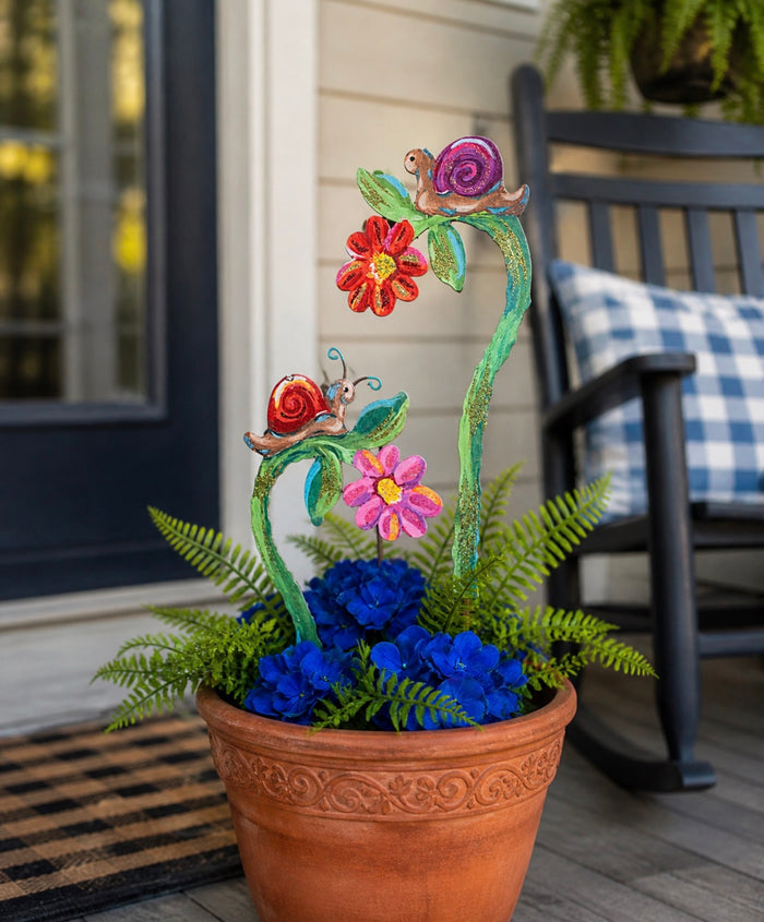 Set of 2 Snails on Flowers Metal Stakes Outdoor