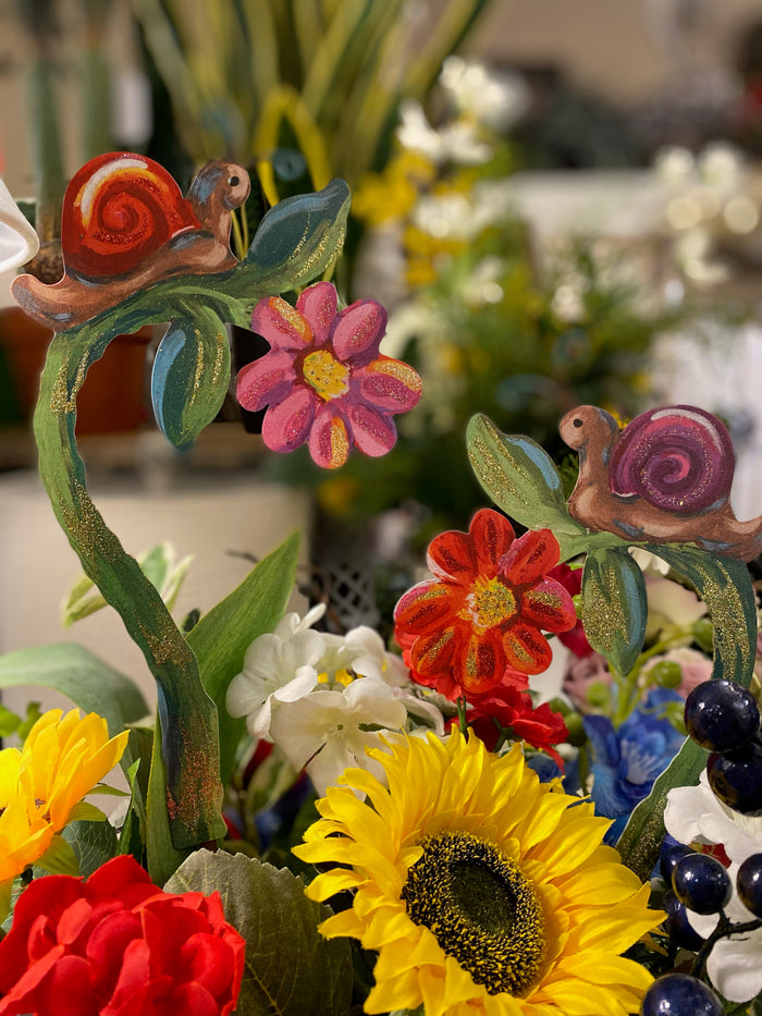 Set of 2 Snails on Flowers Metal Stakes Outdoor