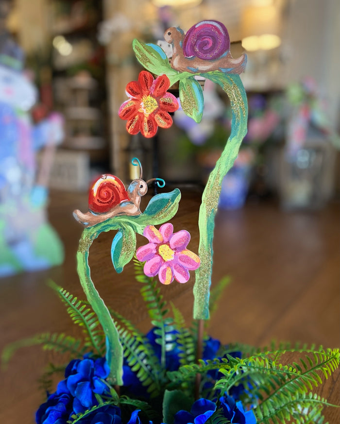 Set of 2 Snails on Flowers Metal Stakes Outdoor