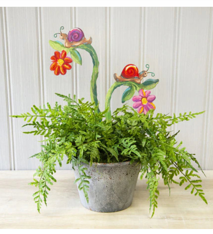 Set of 2 Snails on Flowers Metal Stakes Outdoor