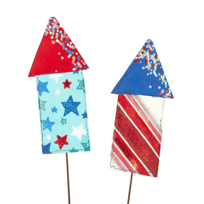Set of 2 Sparkling Rockets Metal with stakes Stars & Stripes