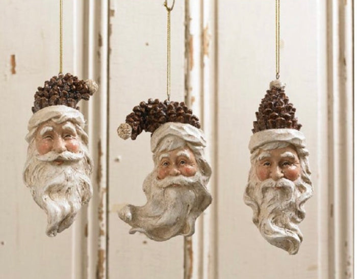 Set of 3 Santa Pinecone Christmas Ornaments Glittered Polystone