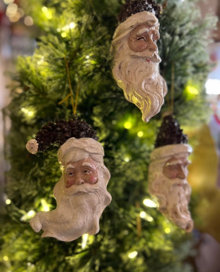 Set of 3 Santa Pinecone Christmas Ornaments Glittered Polystone