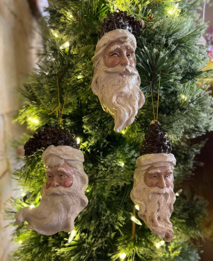 Set of 3 Santa Pinecone Christmas Ornaments Glittered Polystone