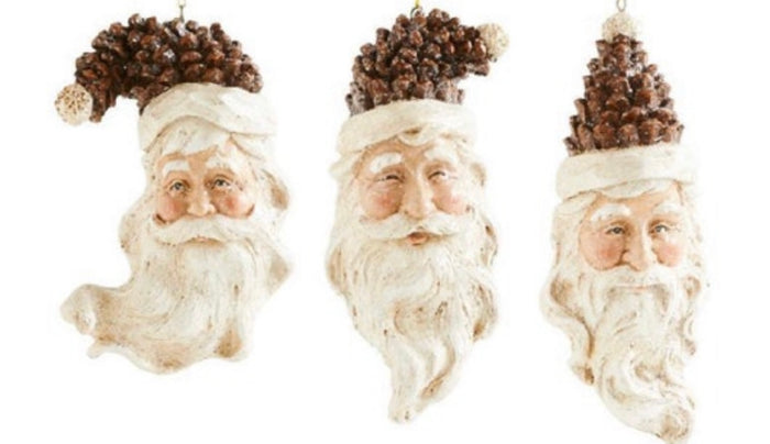 Set of 3 Santa Pinecone Christmas Ornaments Glittered Polystone