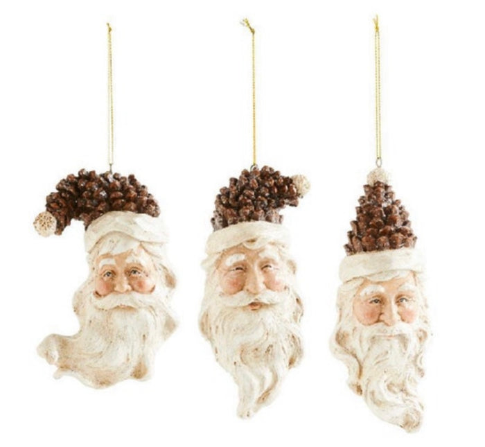 Set of 3 Santa Pinecone Christmas Ornaments Glittered Polystone
