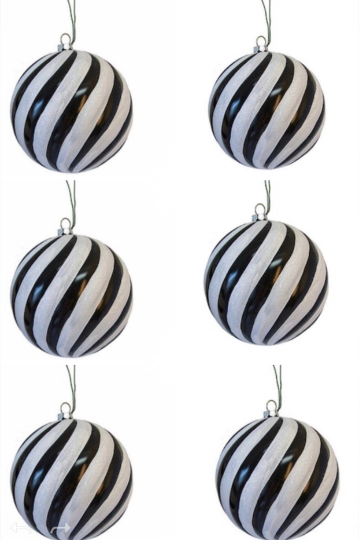 Set of 6: 4" Black & White Stripe Ornaments