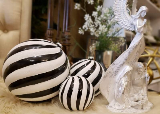 Set of 6: 4" Black & White Stripe Ornaments