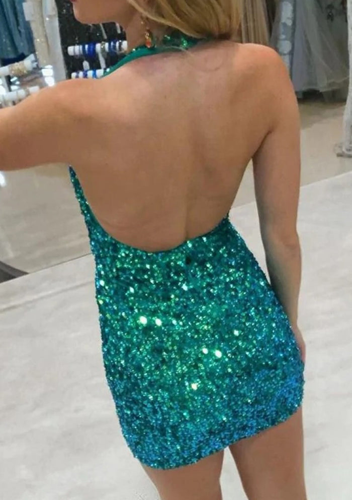 Sheath Halter Sleeveless Backless Bodycon Sequined Short Mini Homecoming Dress