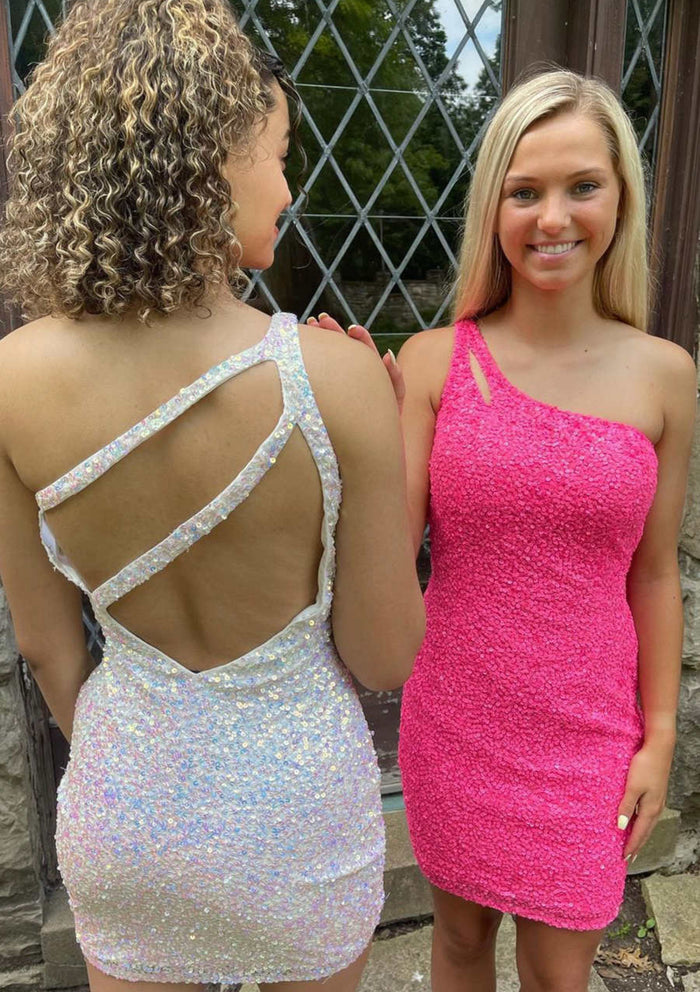 Sheath One-Shoulder Sleeveless Sequined Short Mini Homecoming Dress, Cutouts