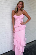 Spaghetti Straps Ruffles Sleeveless Sheath Long Prom Party Dress