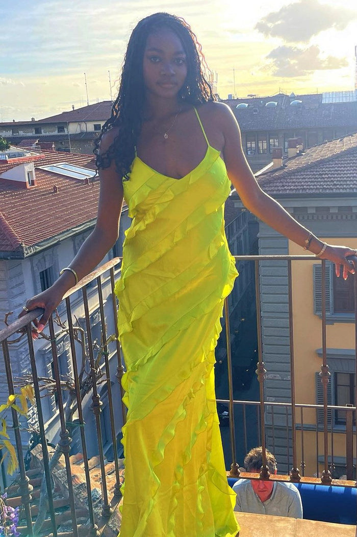 V-Neck Spaghetti Strap Ruffle Maxi Dress