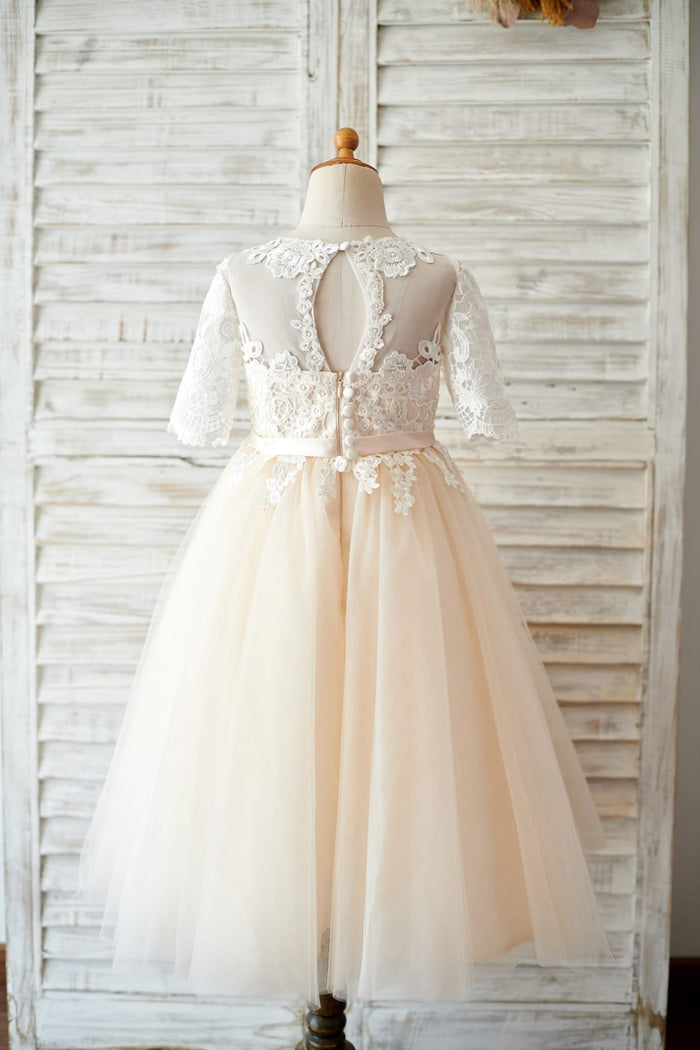 Princess Short Elbow Sleeves Ivory Lace Champagne Tulle