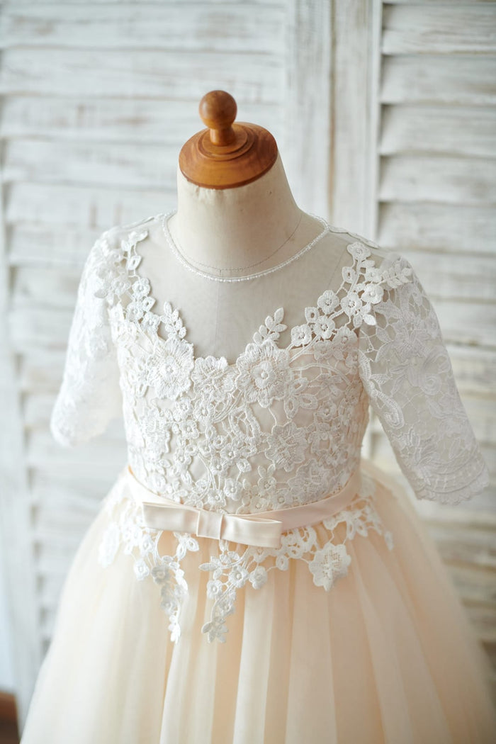Princess Short Elbow Sleeves Ivory Lace Champagne Tulle