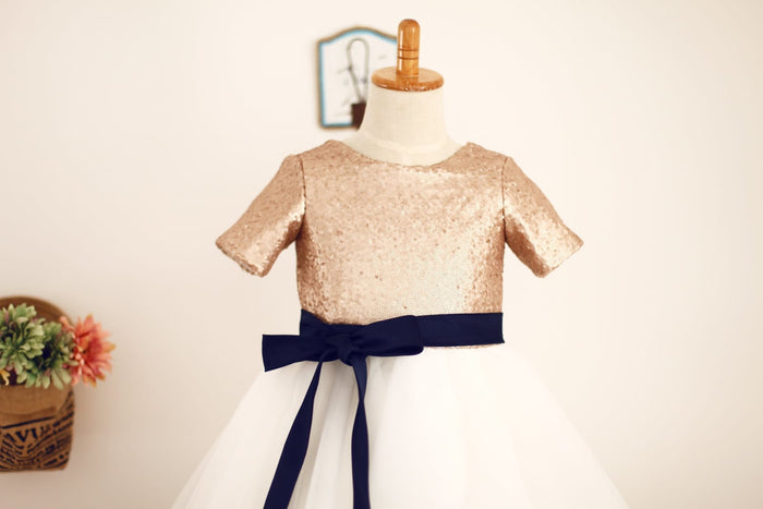 Short Sleeves Mate Champagne Sequin Tulle Flower Girl Dress
