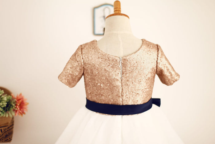 Short Sleeves Mate Champagne Sequin Tulle Flower Girl Dress