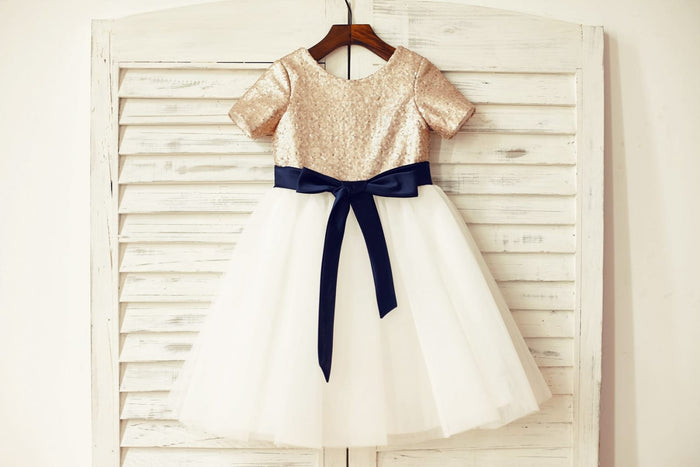 Short Sleeves Mate Champagne Sequin Tulle Flower Girl Dress