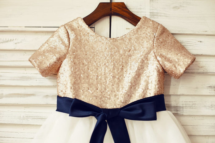 Short Sleeves Mate Champagne Sequin Tulle Flower Girl Dress