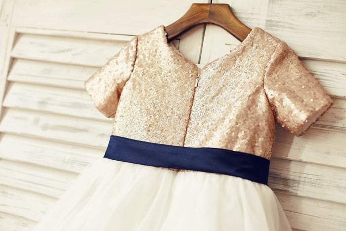 Short Sleeves Mate Champagne Sequin Tulle Flower Girl Dress