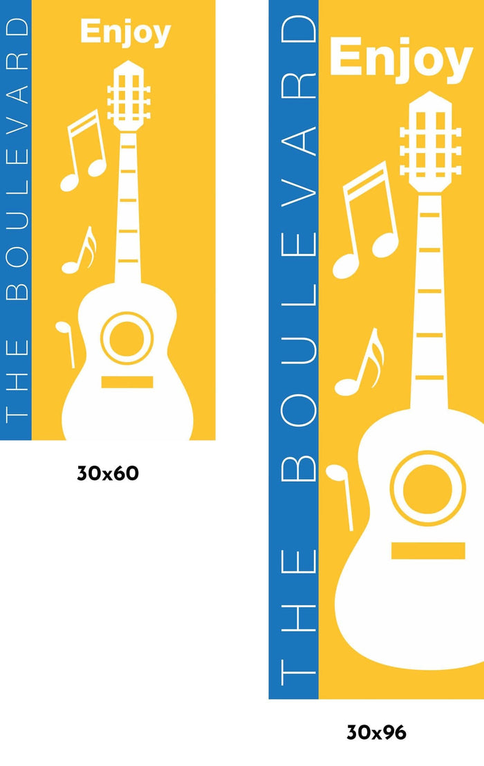 A yellow and blue banner promoting a music event, with a white guitar and musical notes symbolizing the exciting sounds to come