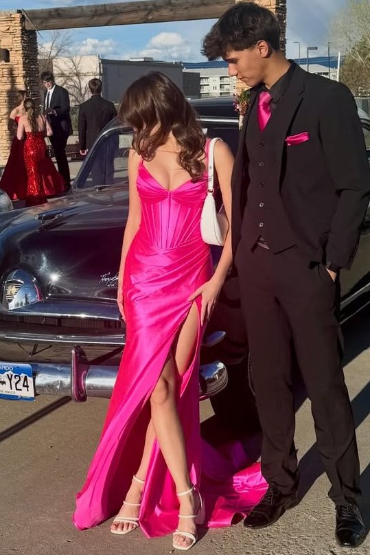 Spaghetti Straps Hot Pink V-Neck Pleats High Slit Long Dress