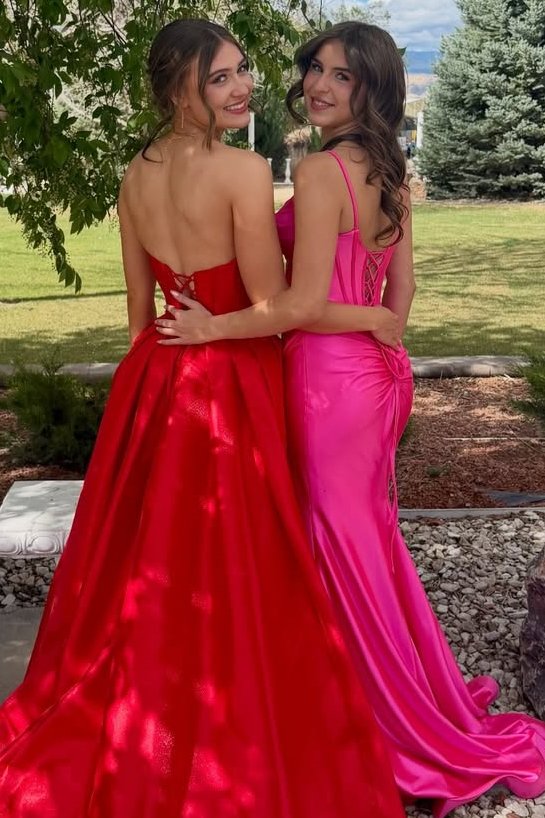 Spaghetti Straps Hot Pink V-Neck Pleats High Slit Long Dress