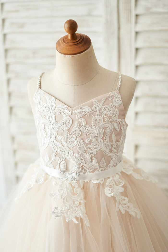 Spaghetti straps Ivory lace Peach Pink Tulle V Neck Wedding