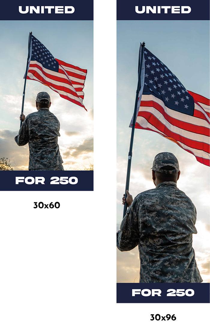 Two banners showing a person holding an American flag with text about size and price.
