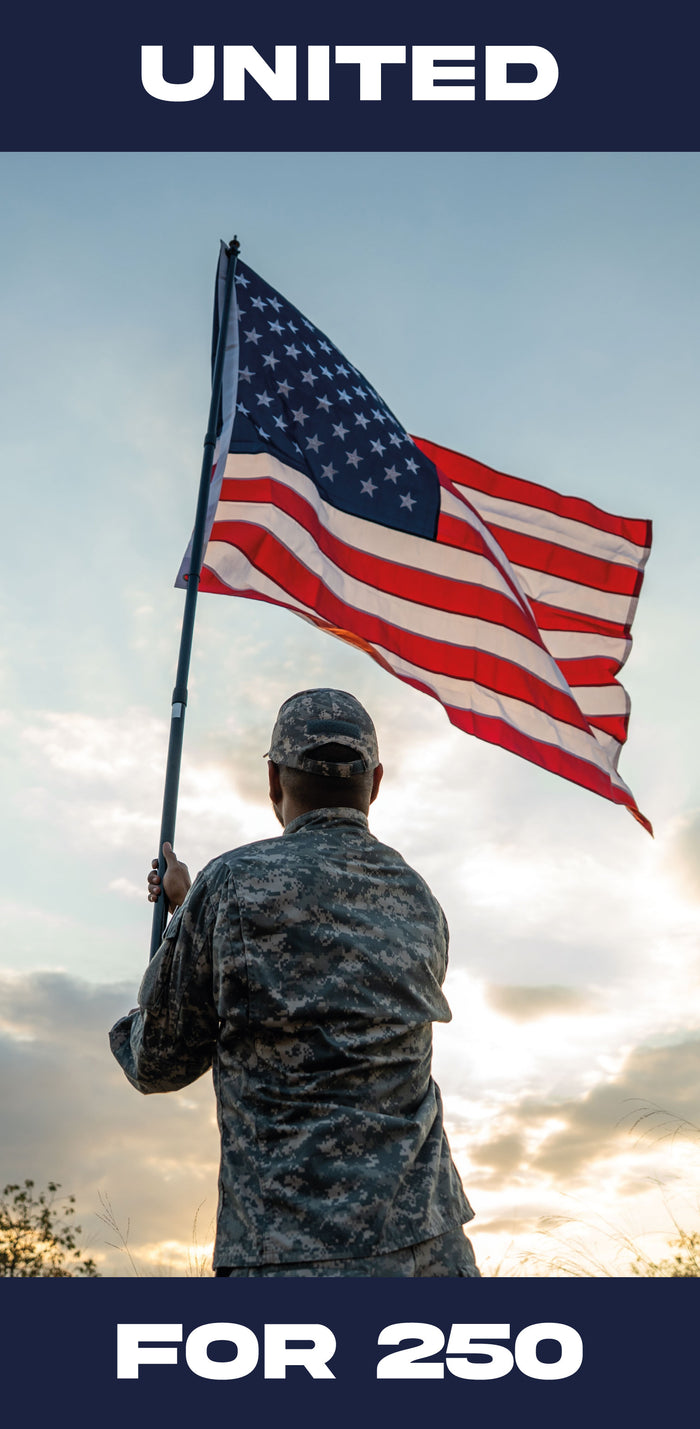 Person holding an American flag with 'UNITED' and 'FOR 250' text at the top and bottom.
