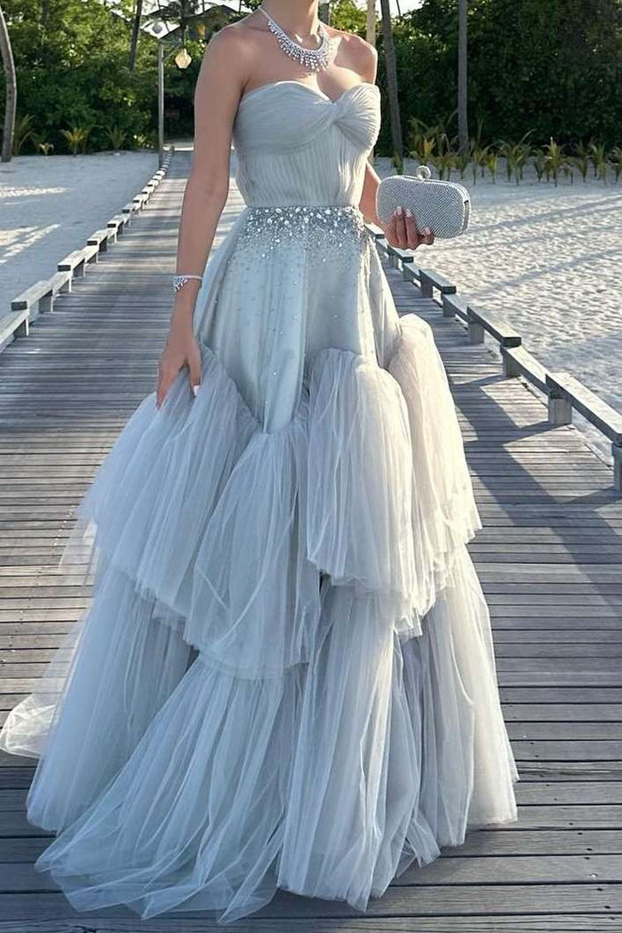 Strapless A-Line Beads Empire-Waist Tiered Tulle Long Formal Dress