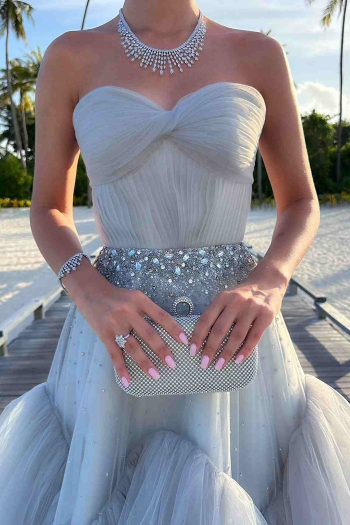 Strapless A-Line Beads Empire-Waist Tiered Tulle Long Formal Dress