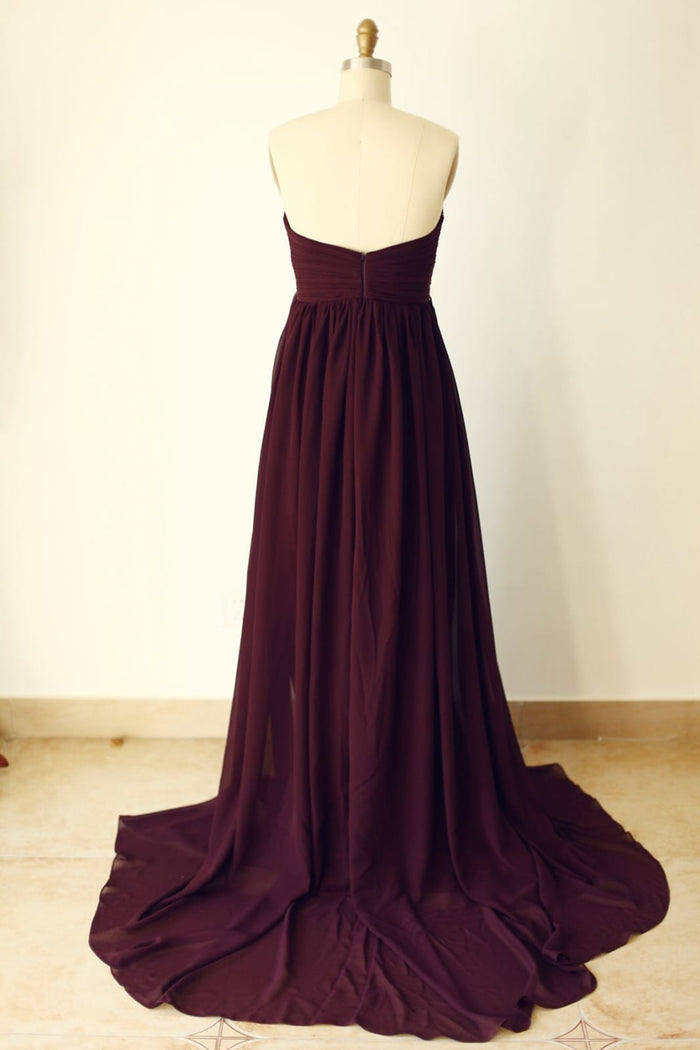Strapless Sweetheart Wine Red Beaded Chiffon Long Prom Dress