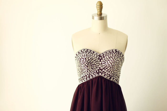 Strapless Sweetheart Wine Red Beaded Chiffon Long Prom Dress
