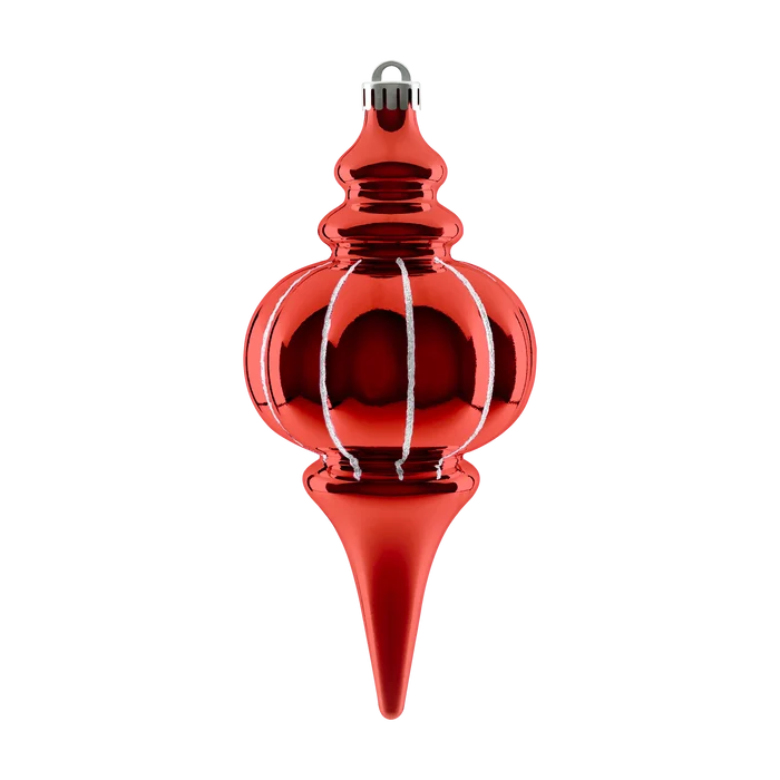 Red & White striped finial ornament featuring a shiny reflective finish, rounded center, pointed drop, and silver hanging cap.