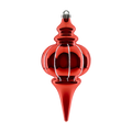 Red & White striped finial ornament featuring a shiny reflective finish, rounded center, pointed drop, and silver hanging cap.